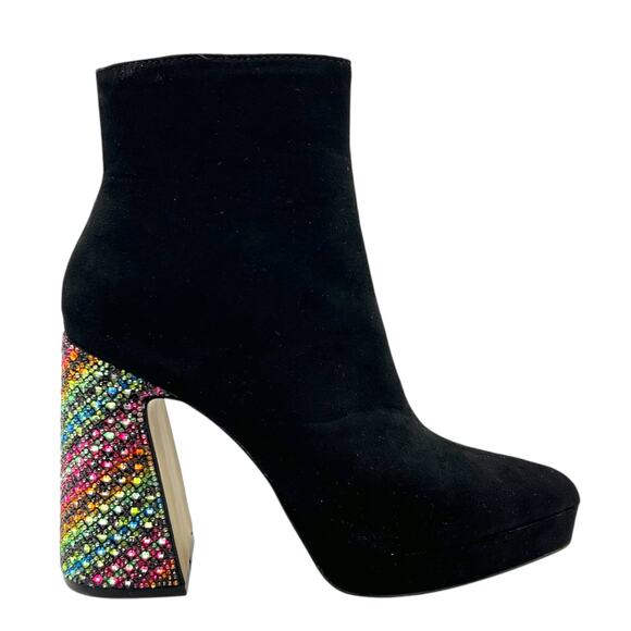 Betsey Johnson Ankle Boots Raylan Black Faux Suede Rhinestones Mutlicolor - Picture 1 of 14